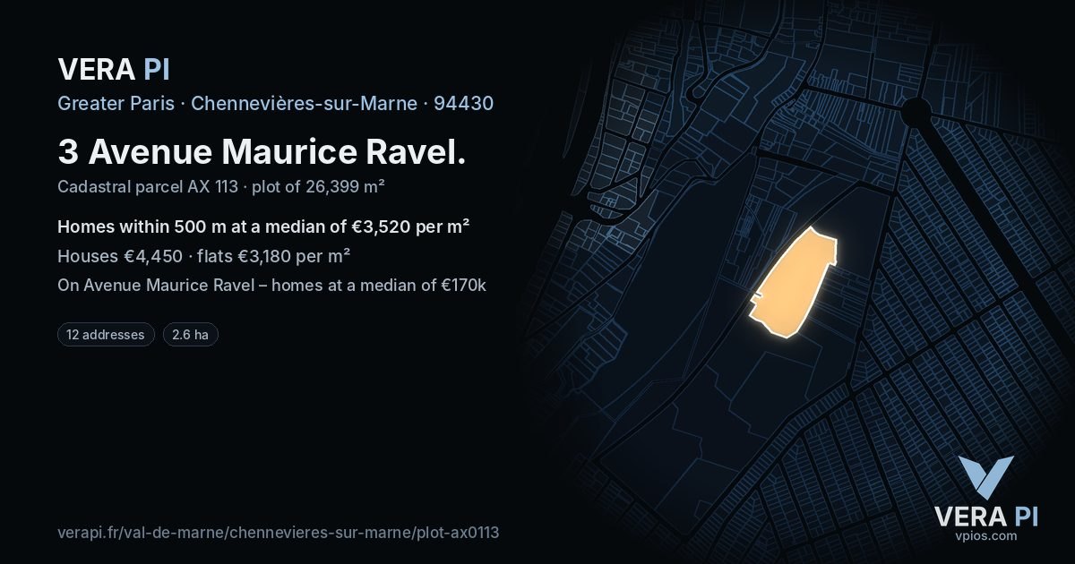 3 Avenue Maurice Ravel, Chennevières-sur-Marne at night – the plot lit, the parcels around coloured by the prices near them