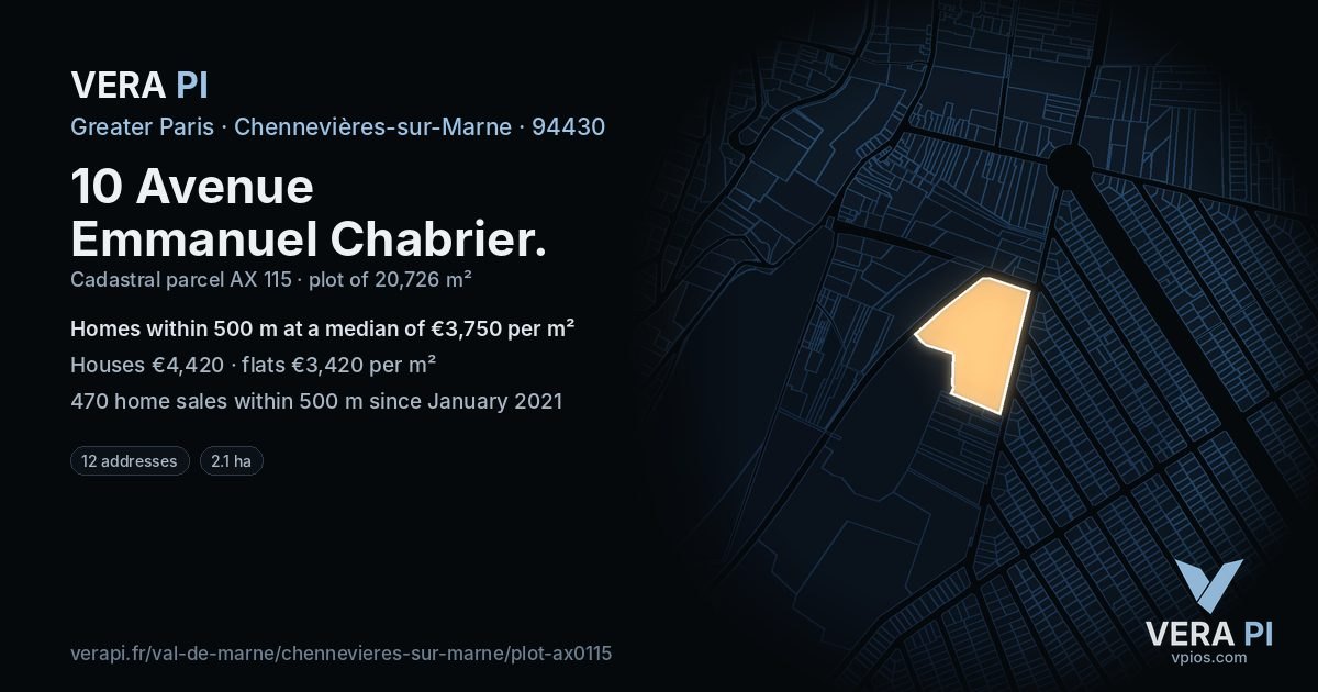 10 Avenue Emmanuel Chabrier, Chennevières-sur-Marne at night – the plot lit, the parcels around coloured by the prices near them