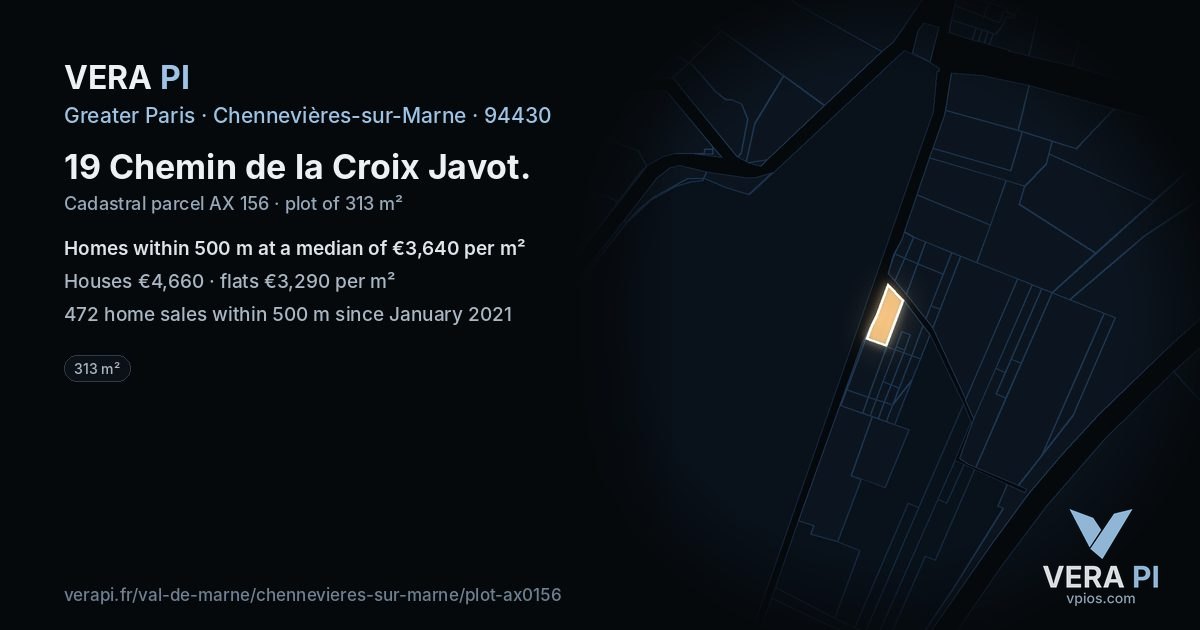 19 Chemin de la Croix Javot, Chennevières-sur-Marne at night – the plot lit, the parcels around coloured by the prices near them