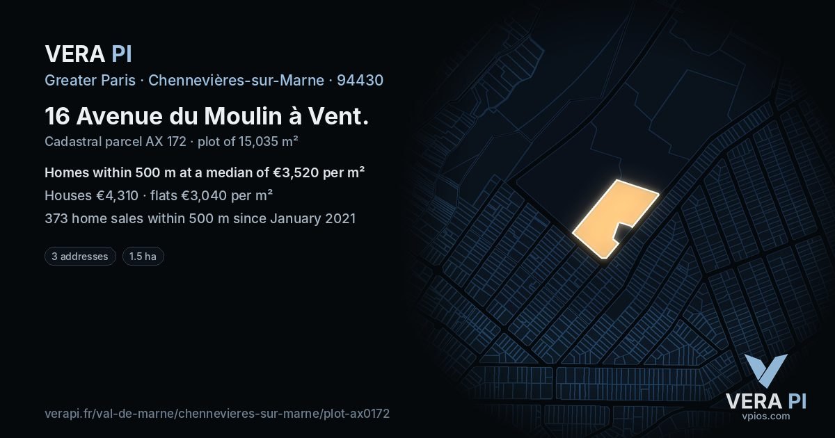16 Avenue du Moulin à Vent, Chennevières-sur-Marne at night – the plot lit, the parcels around coloured by the prices near them