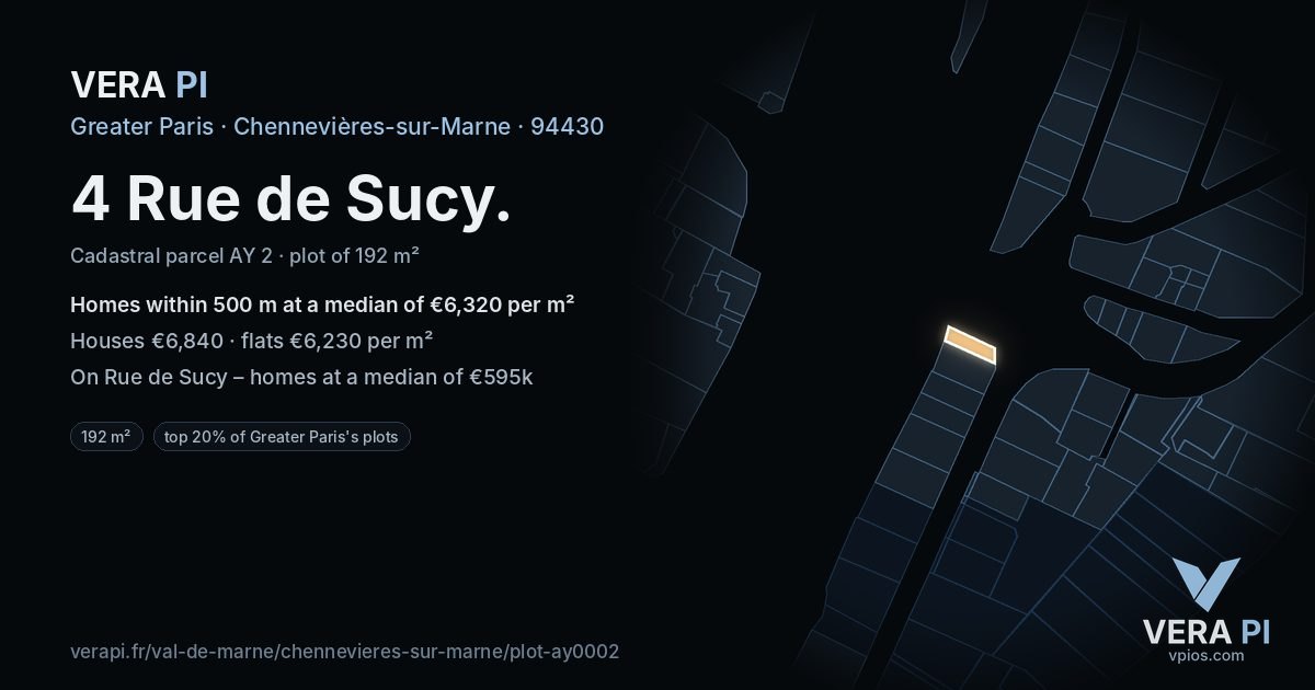 4 Rue de Sucy, Chennevières-sur-Marne at night – the plot lit, the parcels around coloured by the prices near them