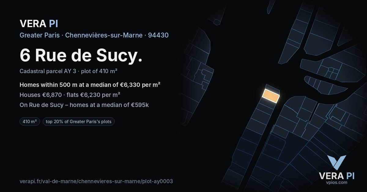 6 Rue de Sucy, Chennevières-sur-Marne at night – the plot lit, the parcels around coloured by the prices near them