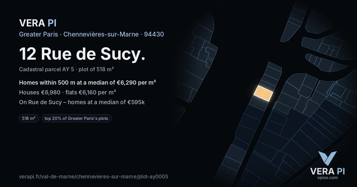 12 Rue de Sucy, Chennevières-sur-Marne at night – the plot lit, the parcels around coloured by the prices near them