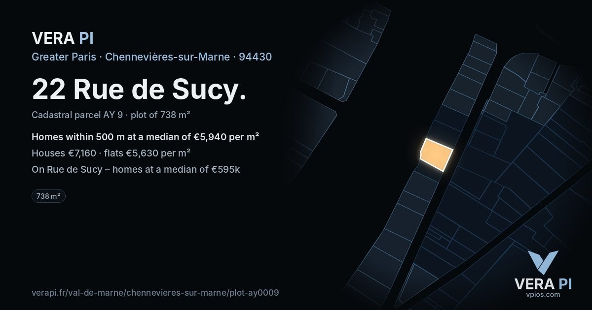 22 Rue de Sucy, Chennevières-sur-Marne at night – the plot lit, the parcels around coloured by the prices near them