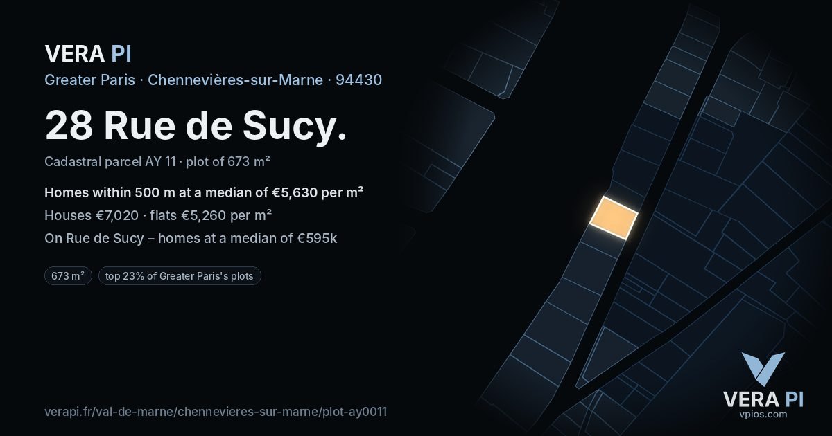 28 Rue de Sucy, Chennevières-sur-Marne at night – the plot lit, the parcels around coloured by the prices near them