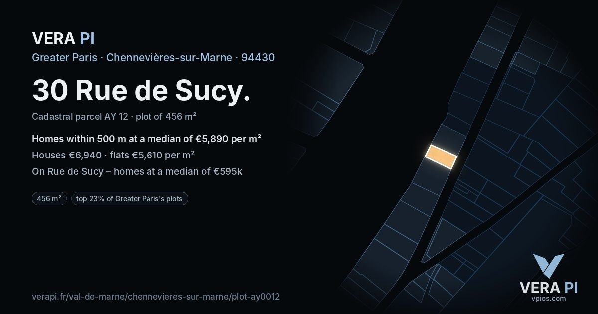 30 Rue de Sucy, Chennevières-sur-Marne at night – the plot lit, the parcels around coloured by the prices near them