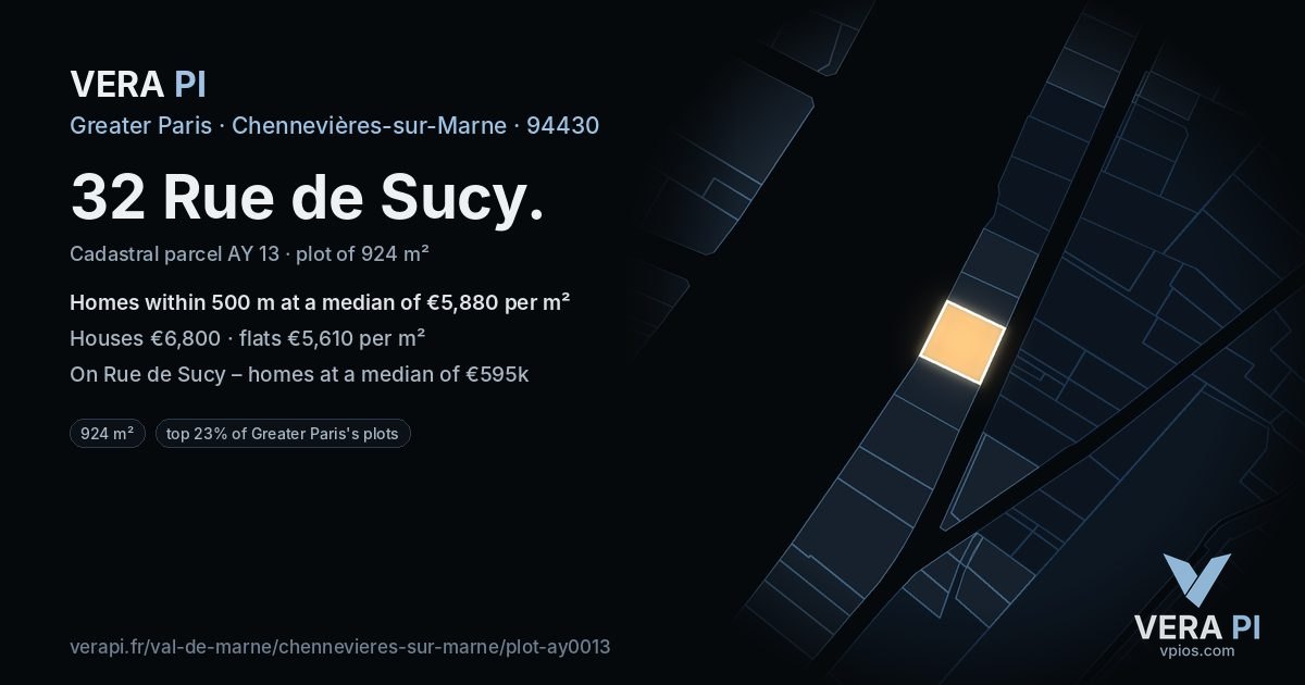 32 Rue de Sucy, Chennevières-sur-Marne at night – the plot lit, the parcels around coloured by the prices near them