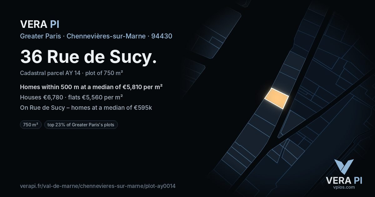36 Rue de Sucy, Chennevières-sur-Marne at night – the plot lit, the parcels around coloured by the prices near them
