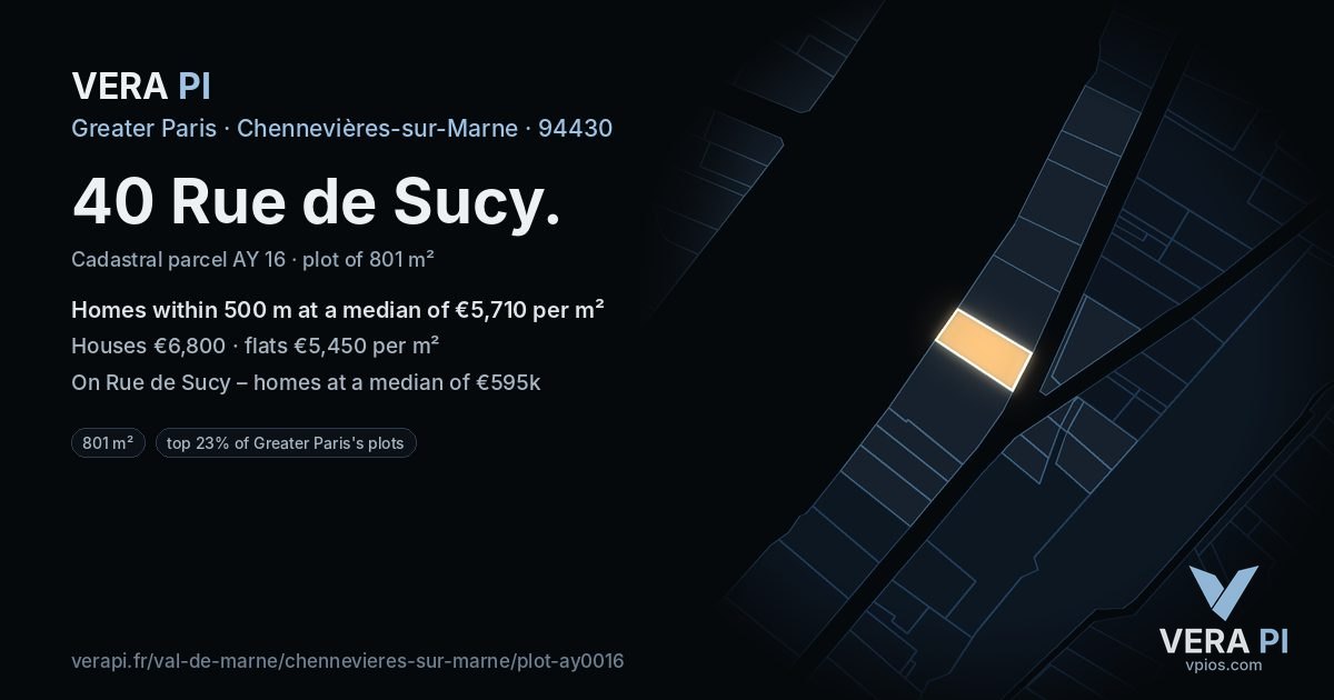 40 Rue de Sucy, Chennevières-sur-Marne at night – the plot lit, the parcels around coloured by the prices near them