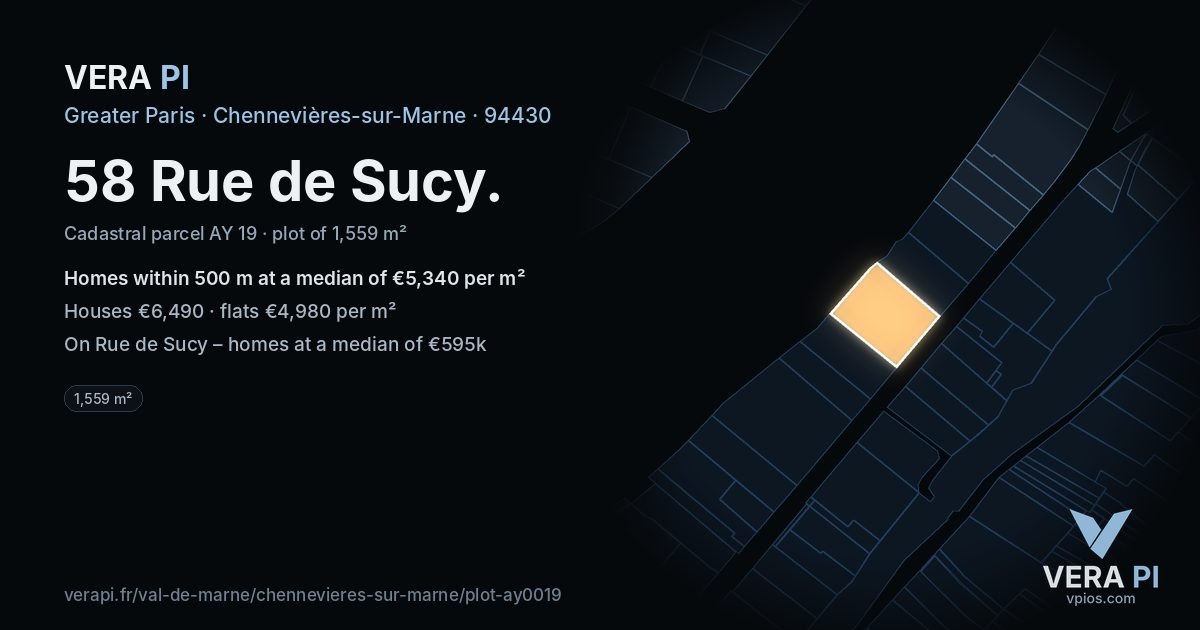 58 Rue de Sucy, Chennevières-sur-Marne at night – the plot lit, the parcels around coloured by the prices near them