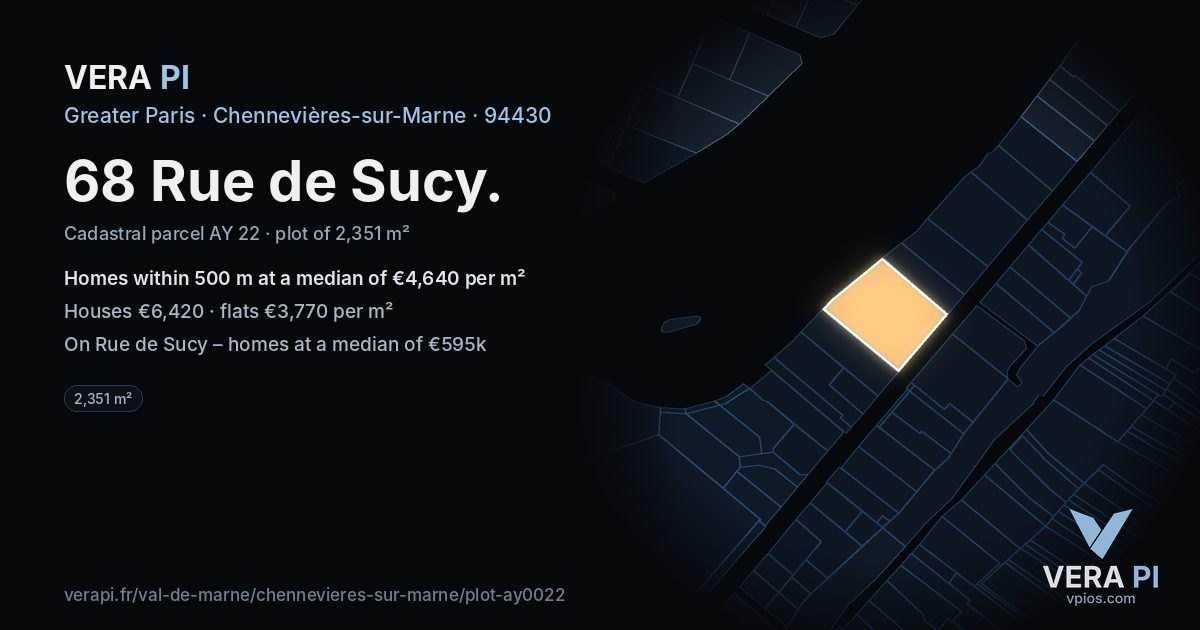 68 Rue de Sucy, Chennevières-sur-Marne at night – the plot lit, the parcels around coloured by the prices near them