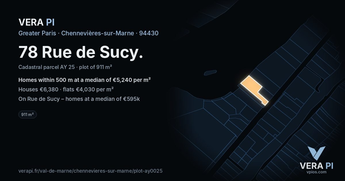 78 Rue de Sucy, Chennevières-sur-Marne at night – the plot lit, the parcels around coloured by the prices near them