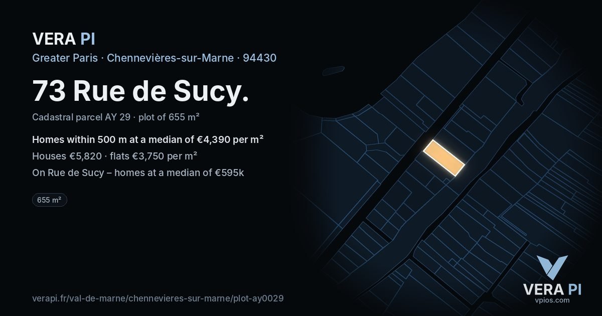 73 Rue de Sucy, Chennevières-sur-Marne at night – the plot lit, the parcels around coloured by the prices near them