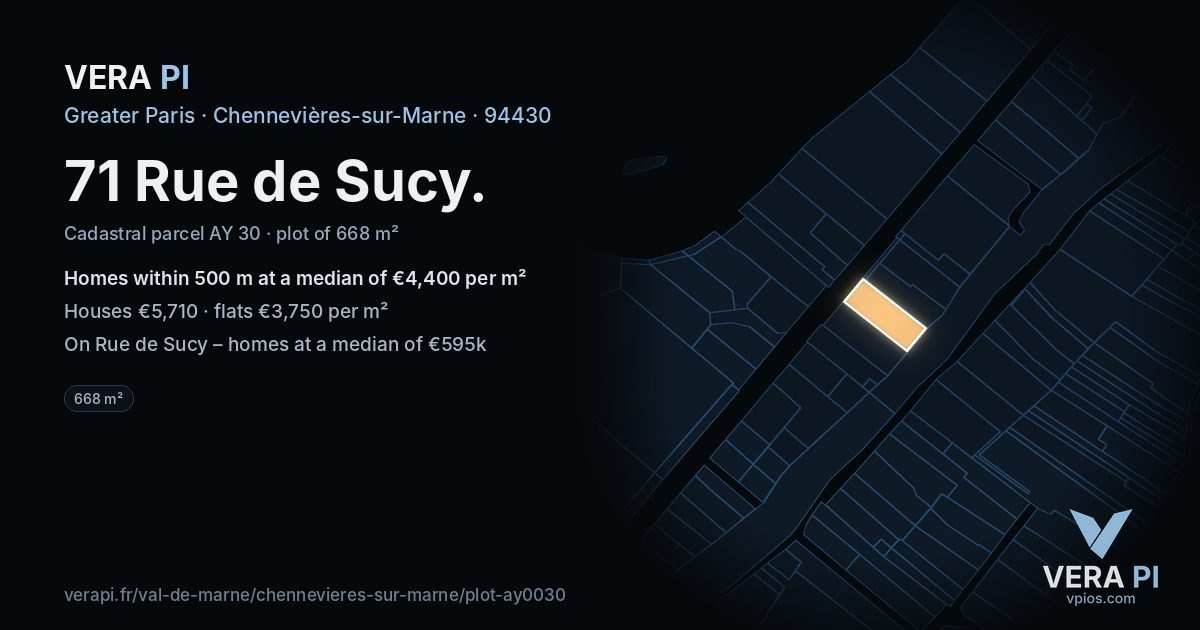 71 Rue de Sucy, Chennevières-sur-Marne at night – the plot lit, the parcels around coloured by the prices near them