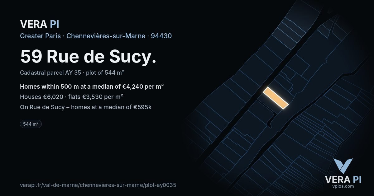 59 Rue de Sucy, Chennevières-sur-Marne at night – the plot lit, the parcels around coloured by the prices near them