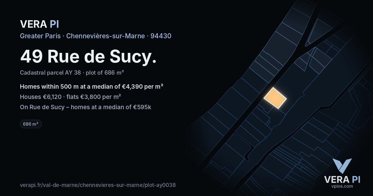 49 Rue de Sucy, Chennevières-sur-Marne at night – the plot lit, the parcels around coloured by the prices near them