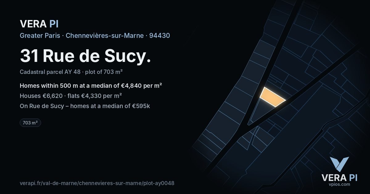 31 Rue de Sucy, Chennevières-sur-Marne at night – the plot lit, the parcels around coloured by the prices near them