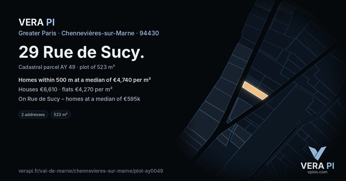 29 Rue de Sucy, Chennevières-sur-Marne at night – the plot lit, the parcels around coloured by the prices near them