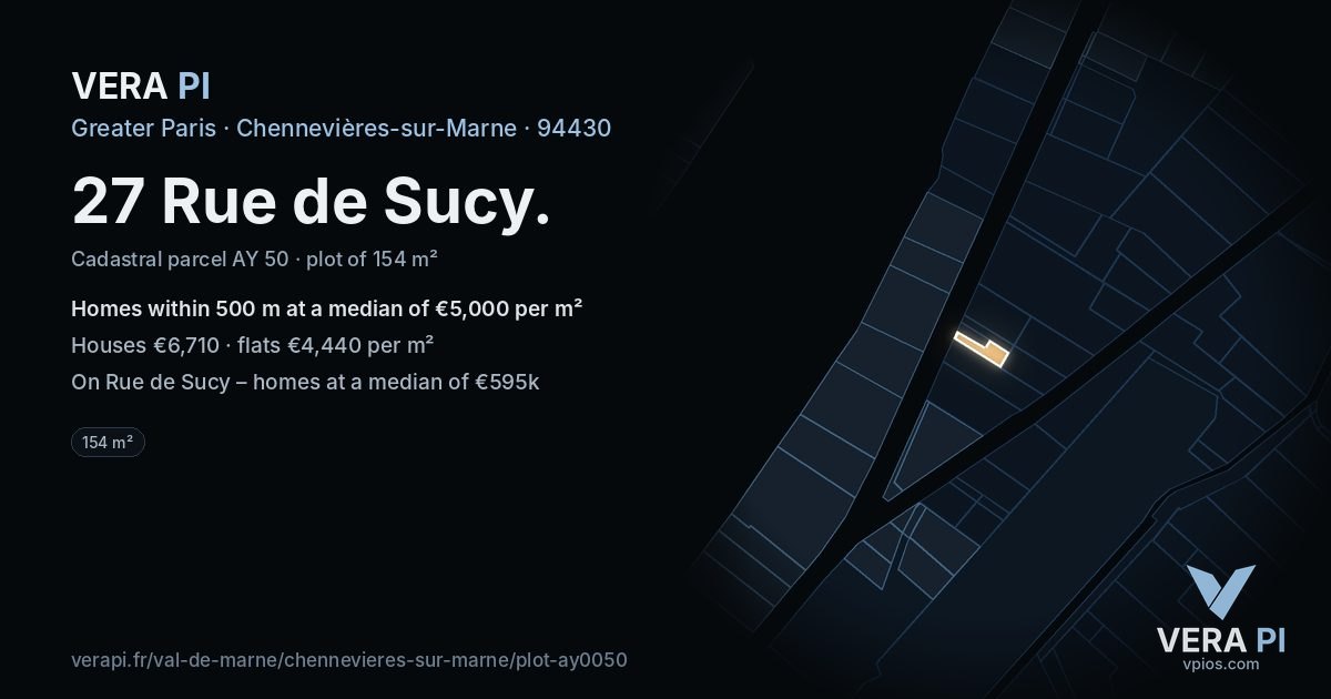 27 Rue de Sucy, Chennevières-sur-Marne at night – the plot lit, the parcels around coloured by the prices near them