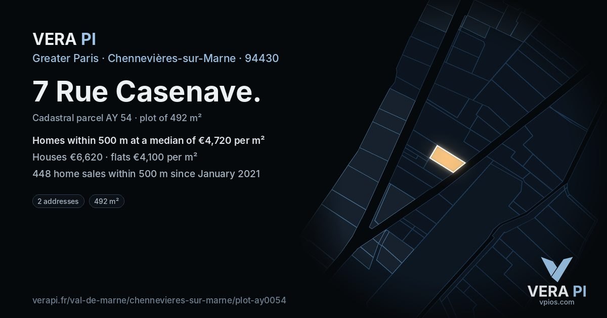 7 Rue Casenave, Chennevières-sur-Marne at night – the plot lit, the parcels around coloured by the prices near them