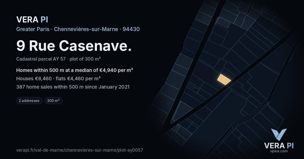 9 Rue Casenave, Chennevières-sur-Marne at night – the plot lit, the parcels around coloured by the prices near them