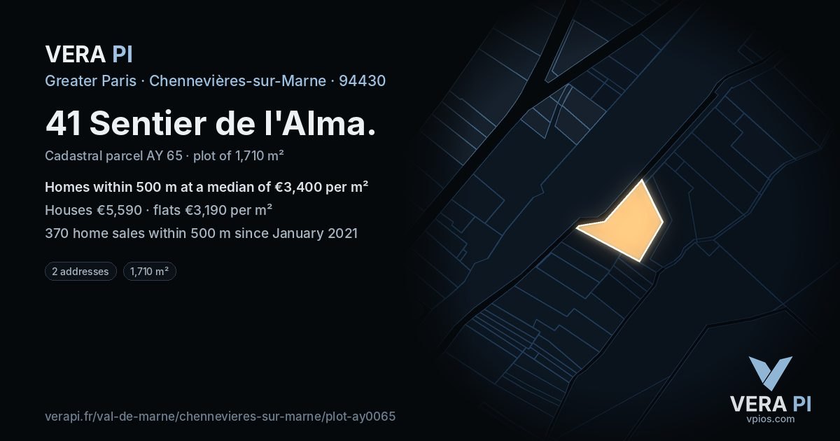41 Sentier de l'Alma, Chennevières-sur-Marne at night – the plot lit, the parcels around coloured by the prices near them