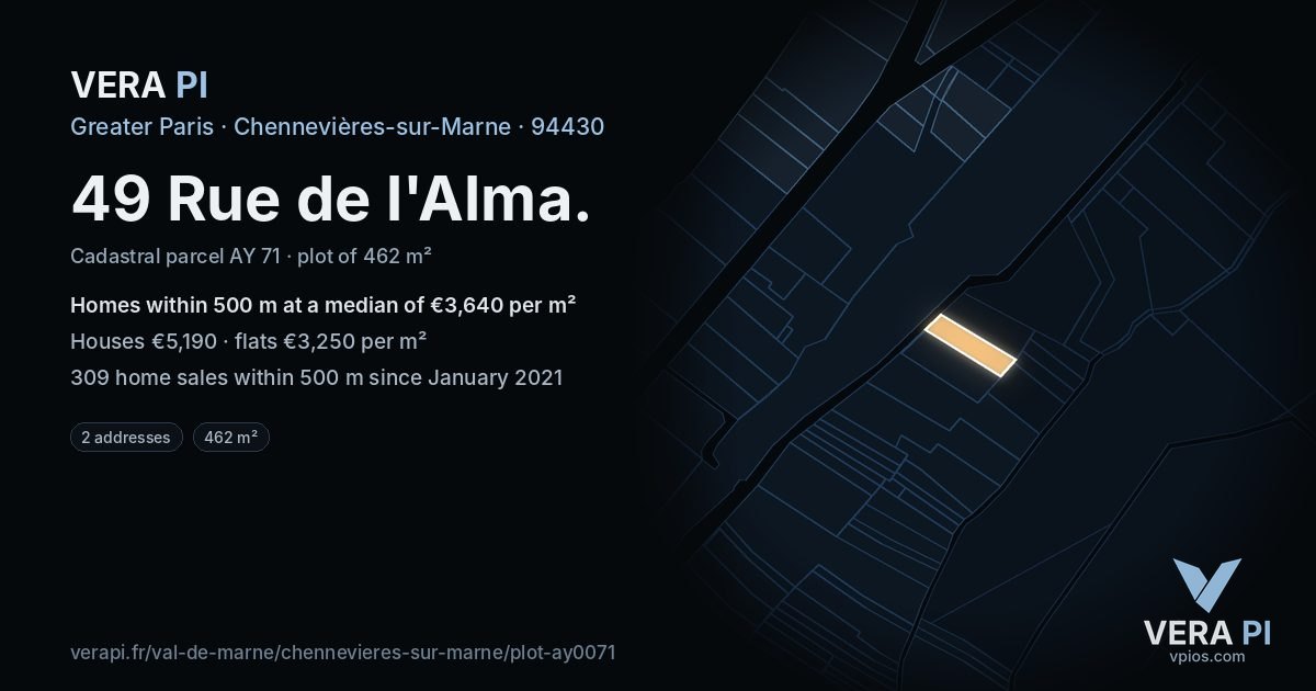 49 Rue de l'Alma, Chennevières-sur-Marne at night – the plot lit, the parcels around coloured by the prices near them