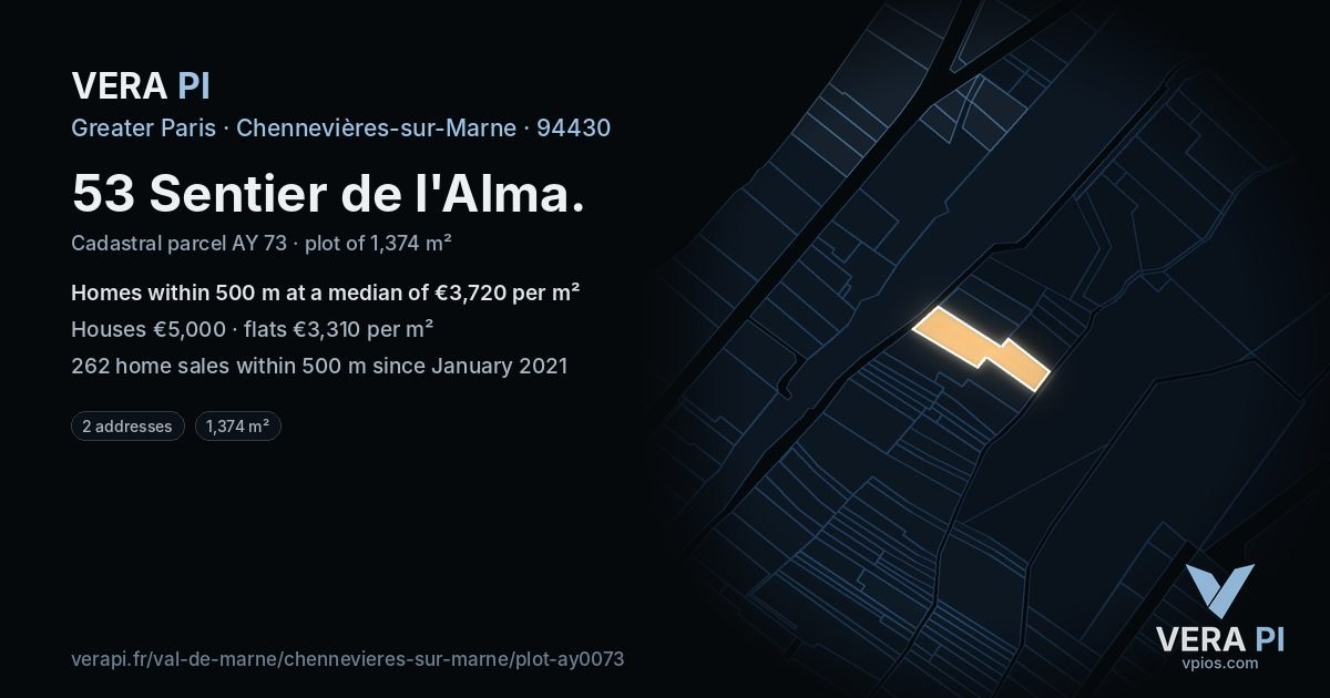 53 Sentier de l'Alma, Chennevières-sur-Marne at night – the plot lit, the parcels around coloured by the prices near them