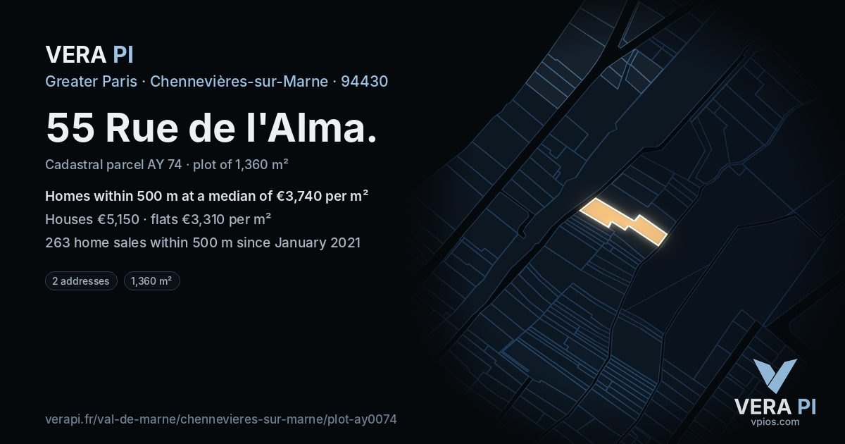 55 Rue de l'Alma, Chennevières-sur-Marne at night – the plot lit, the parcels around coloured by the prices near them