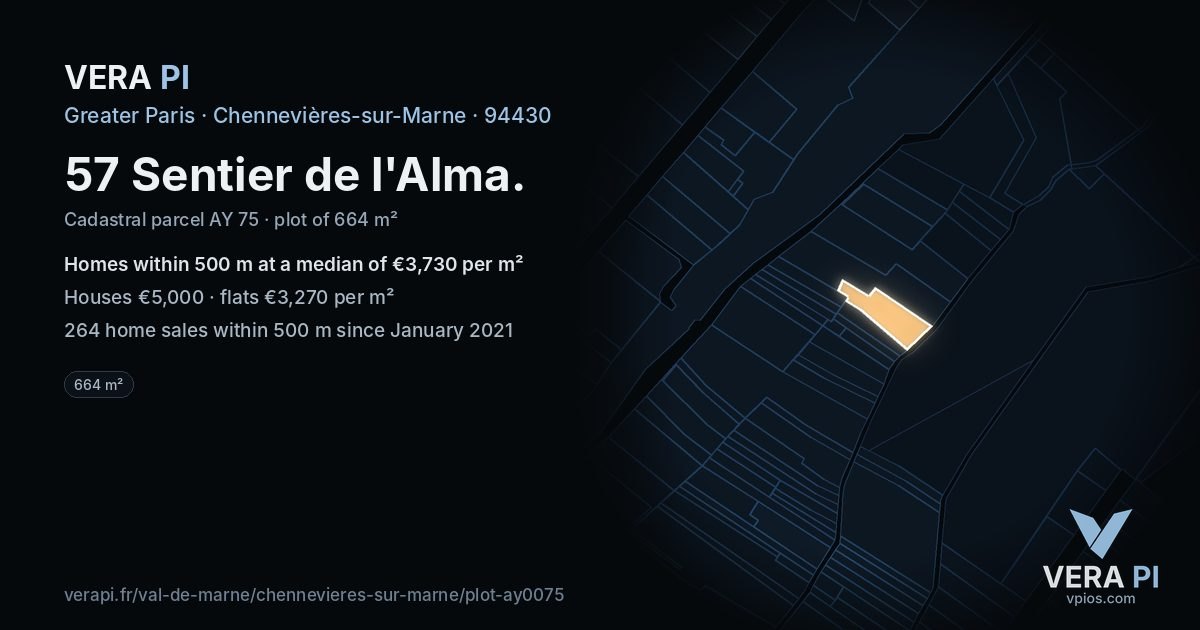 57 Sentier de l'Alma, Chennevières-sur-Marne at night – the plot lit, the parcels around coloured by the prices near them