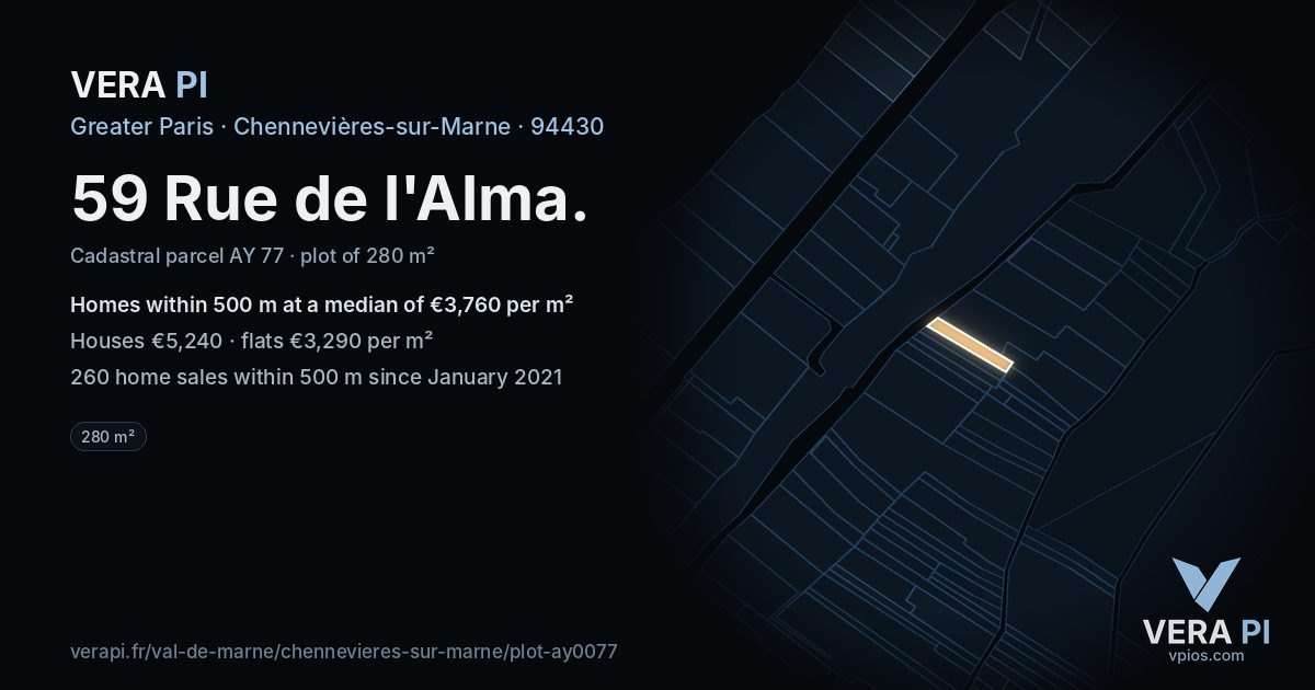 59 Rue de l'Alma, Chennevières-sur-Marne at night – the plot lit, the parcels around coloured by the prices near them