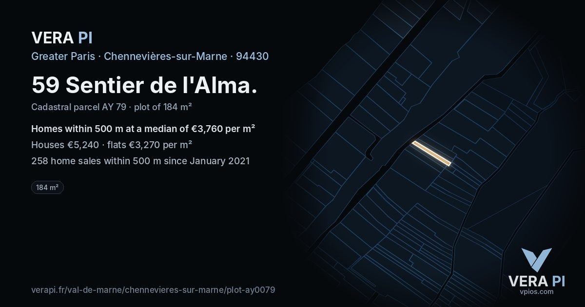 59 Sentier de l'Alma, Chennevières-sur-Marne at night – the plot lit, the parcels around coloured by the prices near them
