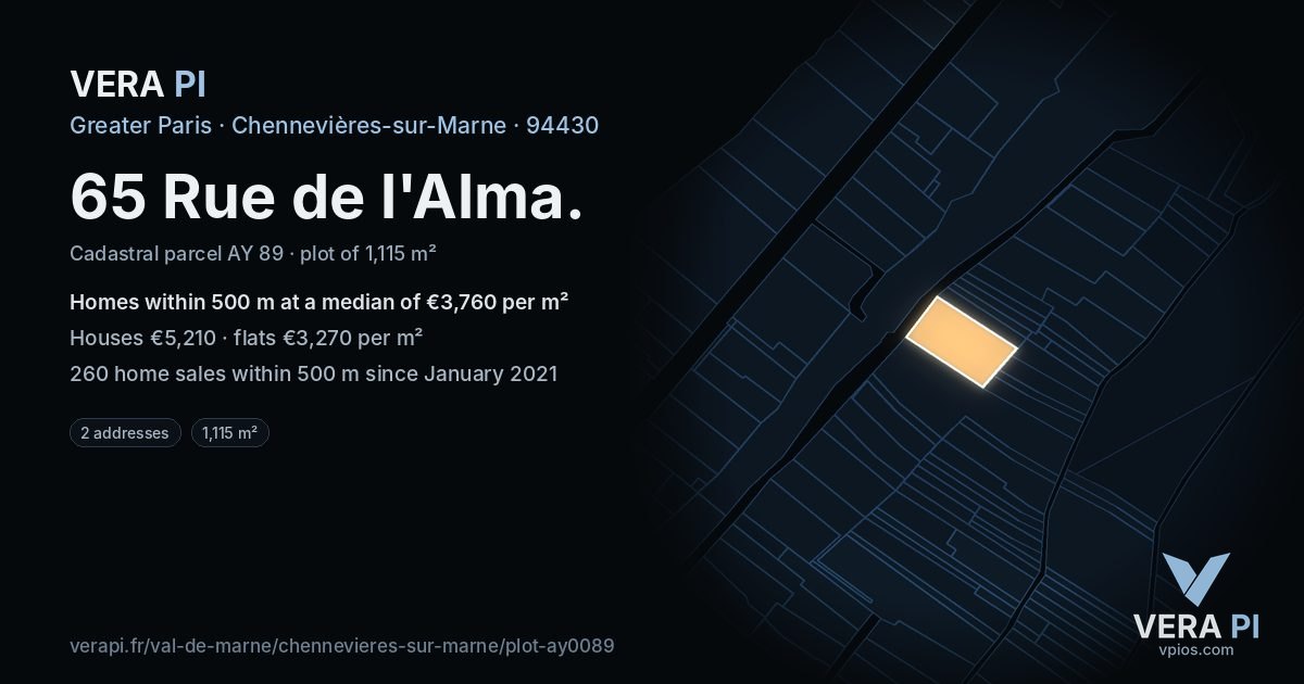 65 Rue de l'Alma, Chennevières-sur-Marne at night – the plot lit, the parcels around coloured by the prices near them