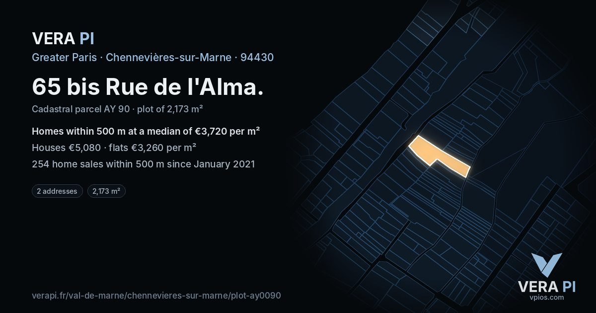 65 bis Rue de l'Alma, Chennevières-sur-Marne at night – the plot lit, the parcels around coloured by the prices near them