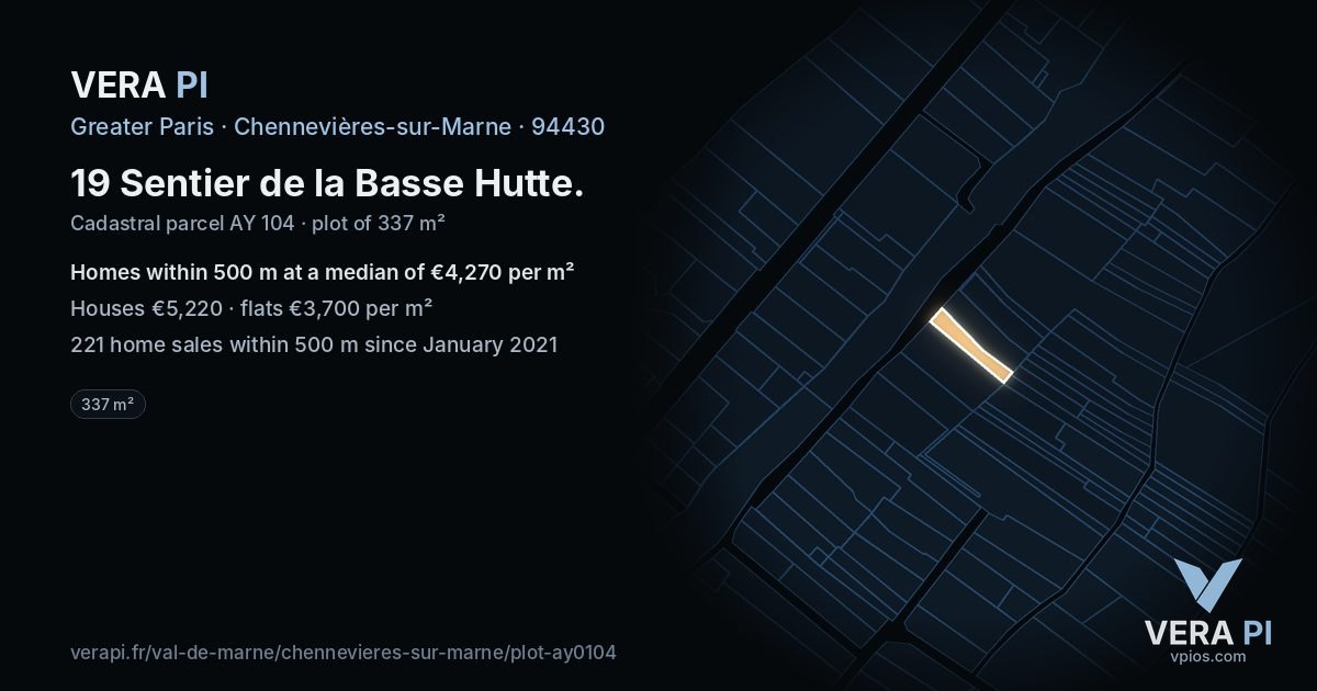 19 Sentier de la Basse Hutte, Chennevières-sur-Marne at night – the plot lit, the parcels around coloured by the prices near them