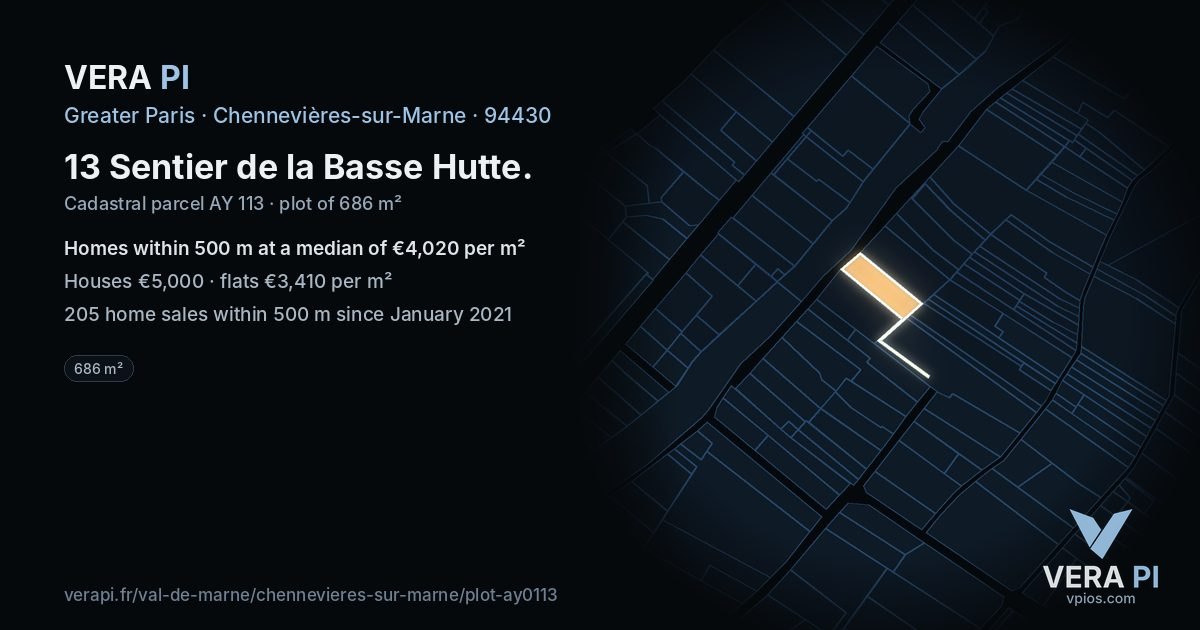 13 Sentier de la Basse Hutte, Chennevières-sur-Marne at night – the plot lit, the parcels around coloured by the prices near them