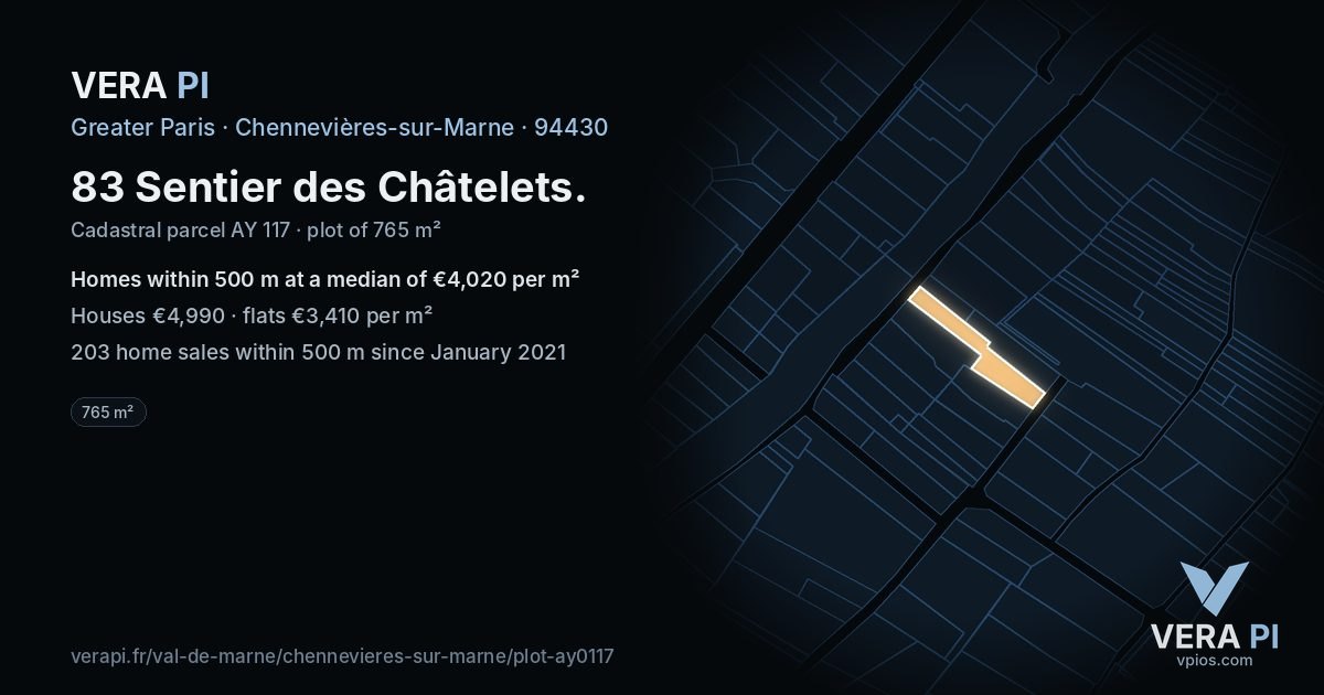 83 Sentier des Châtelets, Chennevières-sur-Marne at night – the plot lit, the parcels around coloured by the prices near them