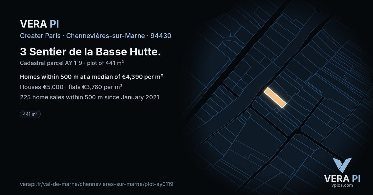 3 Sentier de la Basse Hutte, Chennevières-sur-Marne at night – the plot lit, the parcels around coloured by the prices near them