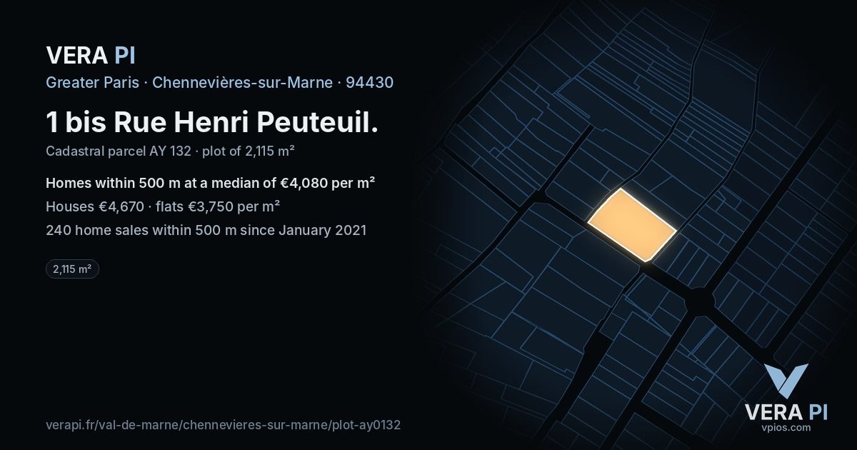 1 bis Rue Henri Peuteuil, Chennevières-sur-Marne at night – the plot lit, the parcels around coloured by the prices near them