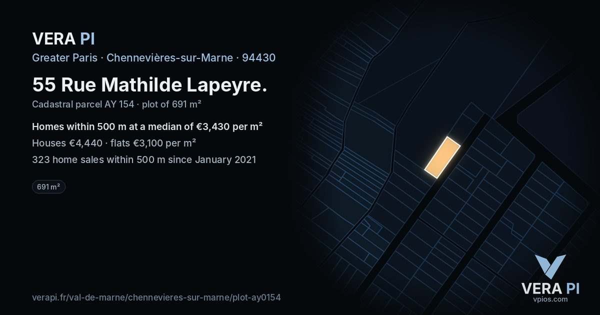 55 Rue Mathilde Lapeyre, Chennevières-sur-Marne at night – the plot lit, the parcels around coloured by the prices near them
