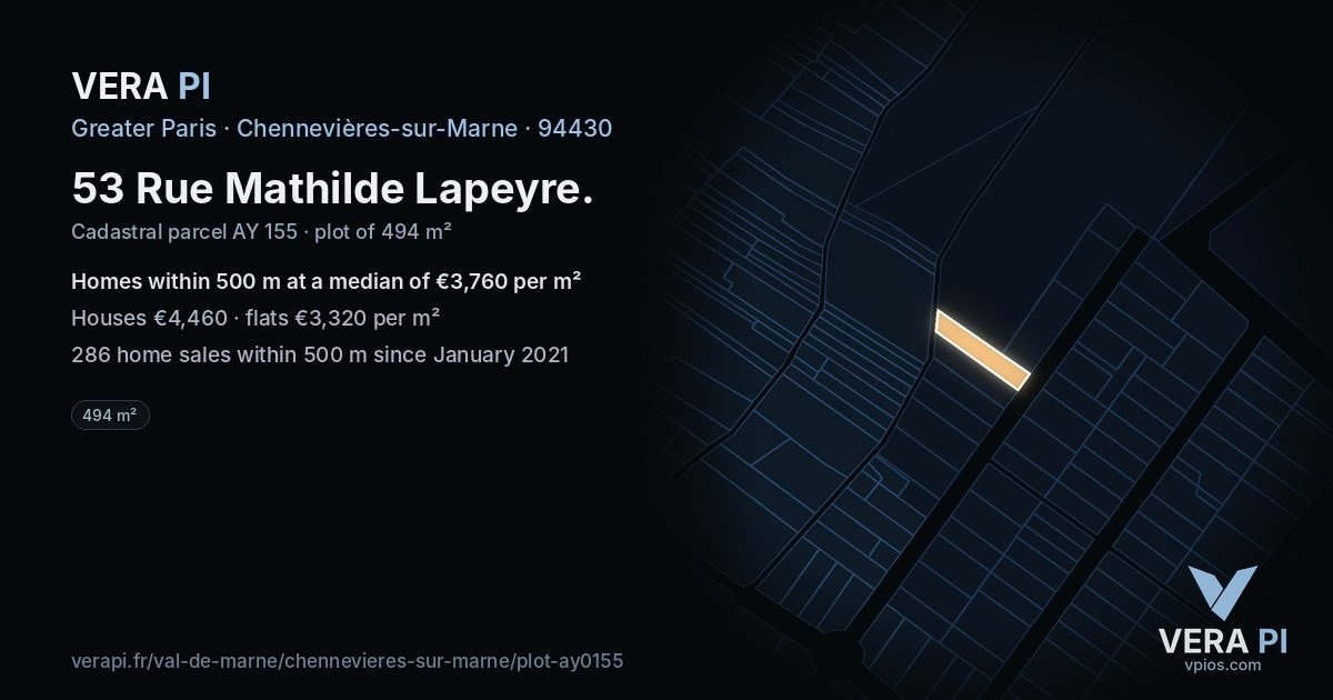 53 Rue Mathilde Lapeyre, Chennevières-sur-Marne at night – the plot lit, the parcels around coloured by the prices near them