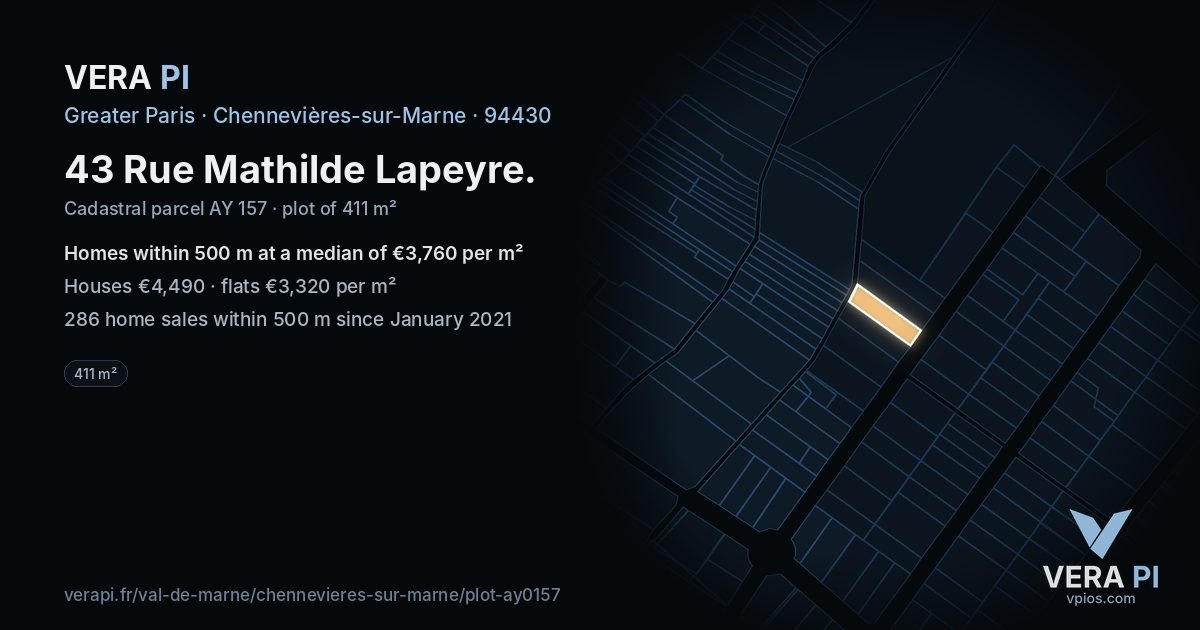 43 Rue Mathilde Lapeyre, Chennevières-sur-Marne at night – the plot lit, the parcels around coloured by the prices near them