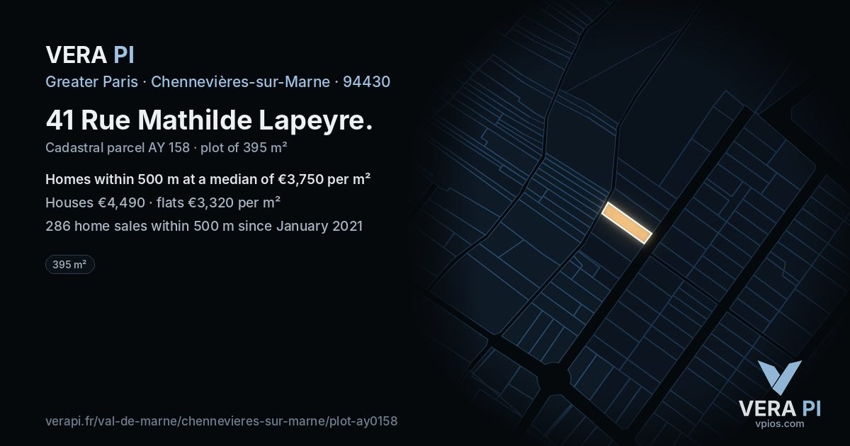 41 Rue Mathilde Lapeyre, Chennevières-sur-Marne at night – the plot lit, the parcels around coloured by the prices near them