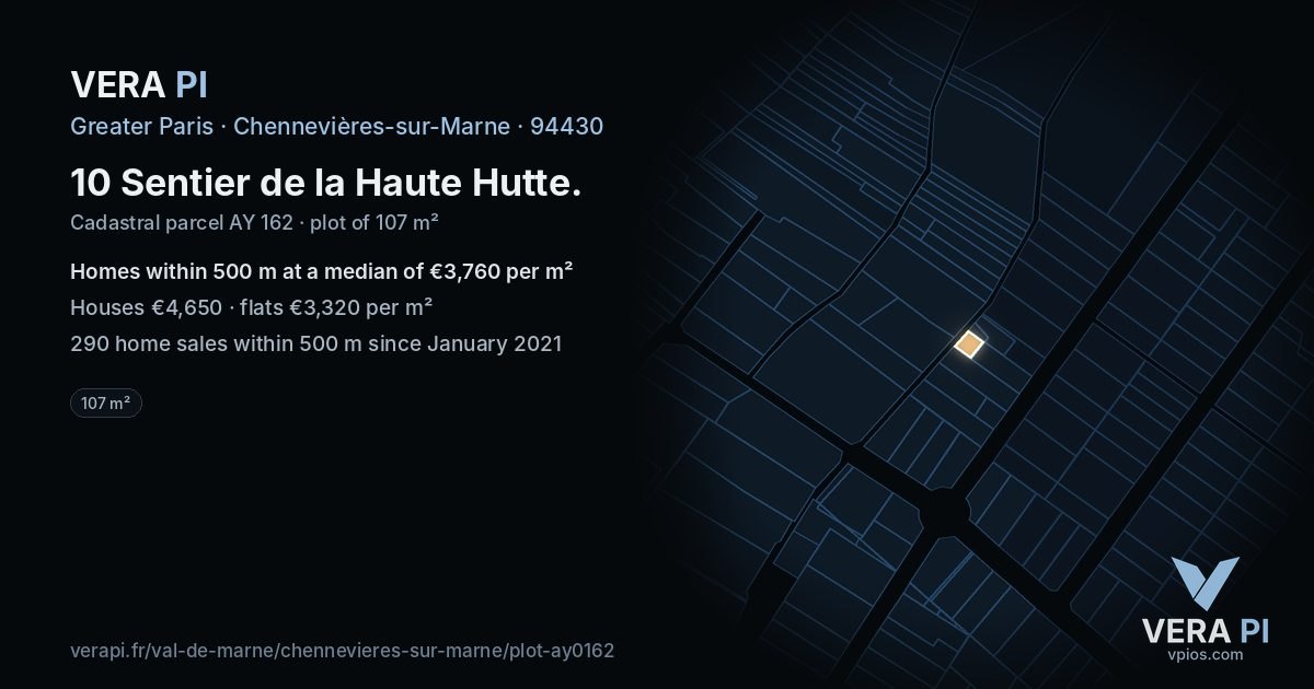 10 Sentier de la Haute Hutte, Chennevières-sur-Marne at night – the plot lit, the parcels around coloured by the prices near them