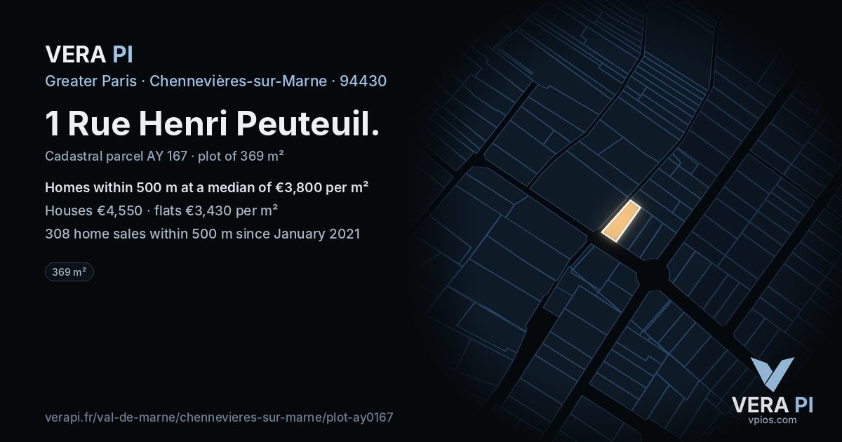 1 Rue Henri Peuteuil, Chennevières-sur-Marne at night – the plot lit, the parcels around coloured by the prices near them
