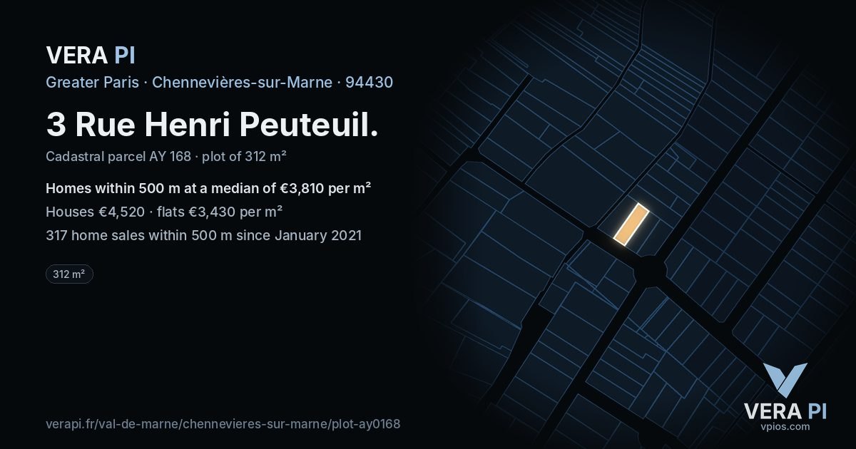 3 Rue Henri Peuteuil, Chennevières-sur-Marne at night – the plot lit, the parcels around coloured by the prices near them