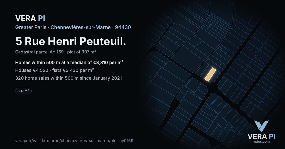 5 Rue Henri Peuteuil, Chennevières-sur-Marne at night – the plot lit, the parcels around coloured by the prices near them