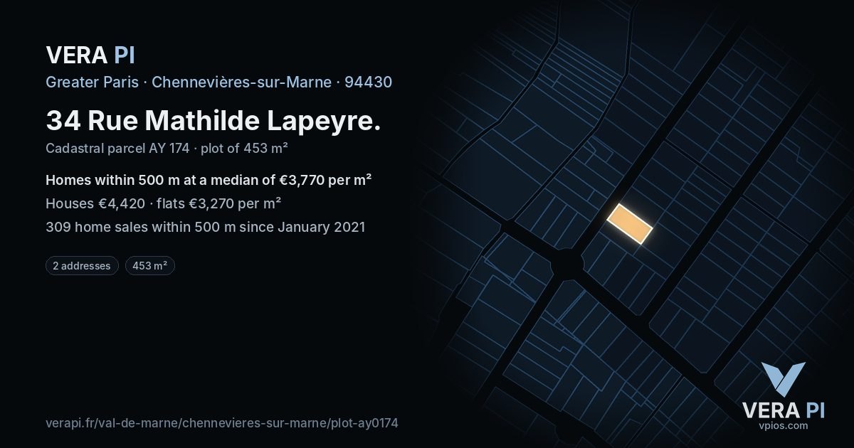 34 Rue Mathilde Lapeyre, Chennevières-sur-Marne at night – the plot lit, the parcels around coloured by the prices near them
