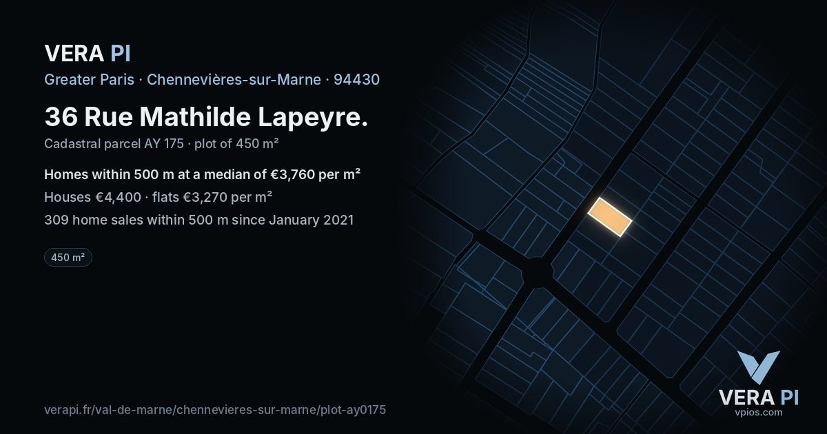 36 Rue Mathilde Lapeyre, Chennevières-sur-Marne at night – the plot lit, the parcels around coloured by the prices near them