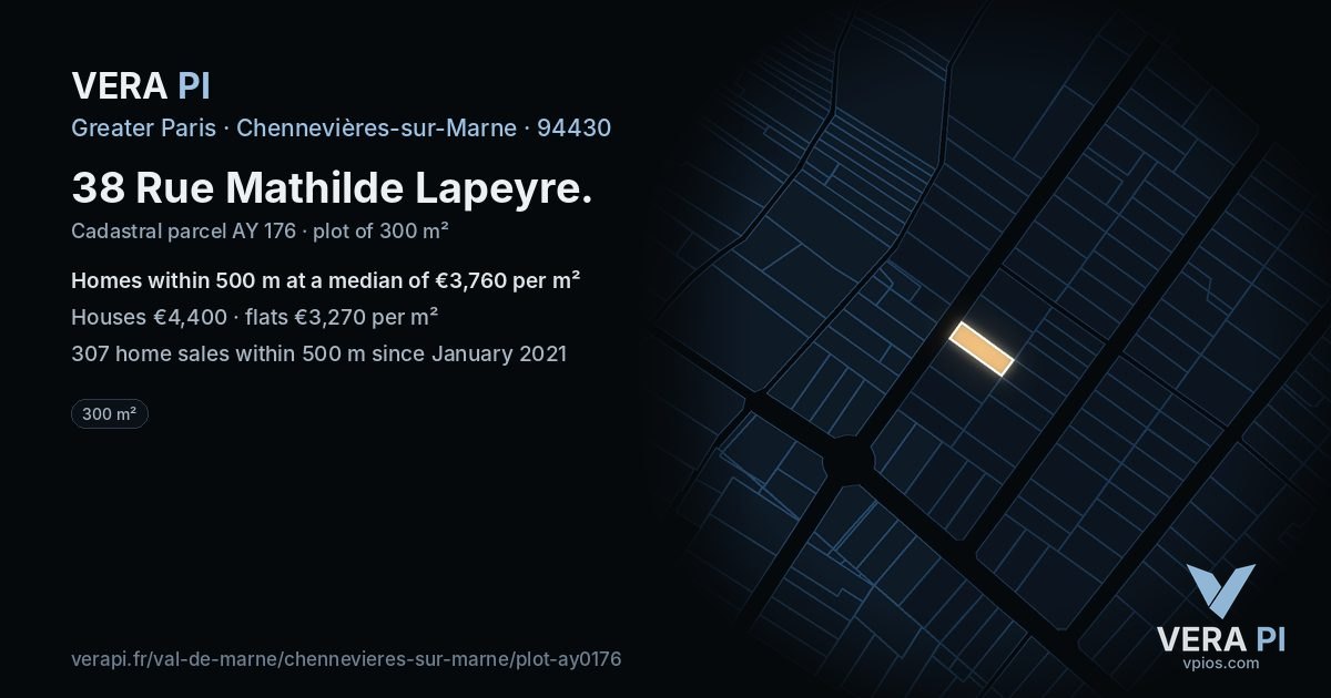 38 Rue Mathilde Lapeyre, Chennevières-sur-Marne at night – the plot lit, the parcels around coloured by the prices near them
